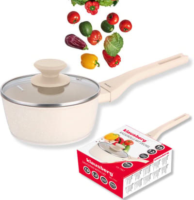 Klausberg Steelpan - Sauspan met Deksel - Inductie Steelpan Marble Anti-aanbak - Kleine Kookpan - voor Melk, Saus & Havermout - 1.2L - Ø16 x 7cm - Crème
