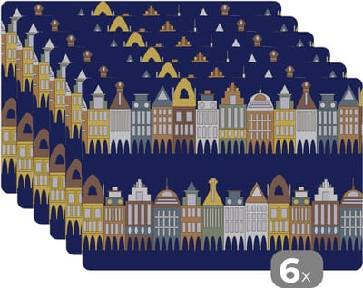 Placemat - Placemats kunststof - Patronen - Huizen - Gebouw - 45x30 cm - 6 stuks - Hittebestendig - Anti-Slip - Onderlegger - Afneembaar