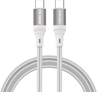 Voltma PHB100CC usb c naar usb c kabel - 1,2M usb-c oplaadkabel - QC2.0 100W Snel opladen - Gevlochten USB-C datakabel - Bestand tegen meer dan 5000 buigingen - snellader geschikt voor telefoon, laptop, tablet, iPhone, Samsung, MacBook - Wit
