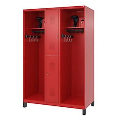 Brandweerkluis C+P Evolo Maxi, 4 vakken voor 2 personen, met helmhouder, met voeten, B 1300 x D 600 x H 1950 mm, RAL 3000 vuurrood/RAL 7021 zwartgrijs