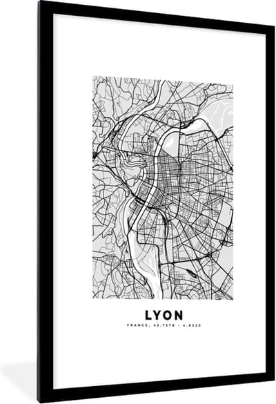Fotolijst incl. Poster - Plattegrond - Lyon - Stadskaart - Kaart - Frankrijk - 60x90 cm - Posterlijst