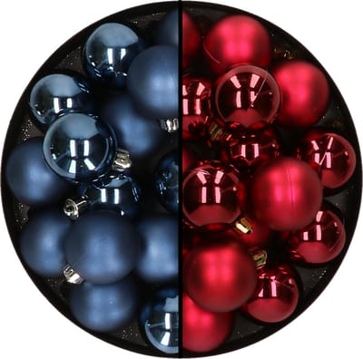 32x stuks kunststof kerstballen mix van donkerblauw en donkerrood 4 cm - Kerstversiering