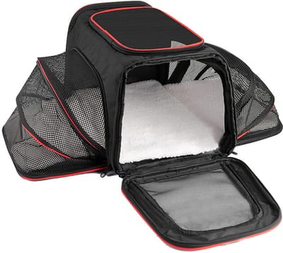 Pets Draagtas Hond - Dierendraagtas Maat M - Uitbreidbare Transporttas - Ademende Opvouwbare Schoudertas - Met Afneembaar Matras - Voor Honden En Katten - Voor Kamperen - Wandelen - Dagelijks Gebruik - Huisdier Transportkooi - Zwart en rood