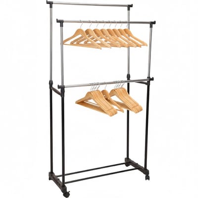 Storage Solutions Mobiel Kledingrek - incl 8x kledinghangers - op wieltjes - dubbele stang - verstelbaar - 160 cm - metaal