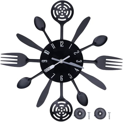 aladdien - Zwarte Keuken Wandklok - Moderne Wanddecoratie - Bestek Vork Lepel Vorm - Voor Thuis Keuken Restaurant - Roestvrij staal - Energiezuinig
