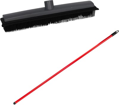 Bezemsteel en Bezemkop - L120 cm - rubber/metaal - rood - schoonmaken - binnen