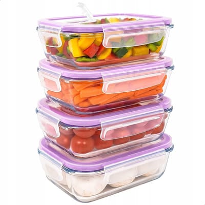 Famanu - 4-pak glazen voedselcontainer 600 ml, luchtdicht, afsluitbaar, geschikt voor magnetron, oven en vaatwasser