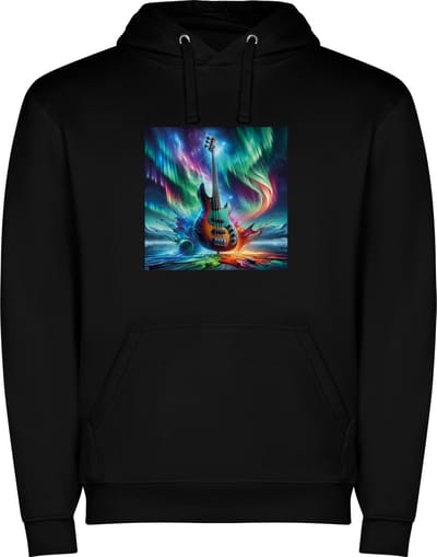 Zwarte unisex hoodie met “ Kleurrijke Electrische Gitaar – Muziekinstrument – Muziek – Noorderlicht “ Print Full Color merk Roly maat L