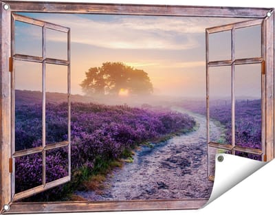 Gards Tuinposter Doorkijk Pad in de Weide van de Veluwe - 90x60 cm - Tuindoek - Tuindecoratie - Wanddecoratie buiten - Tuinschilderij
