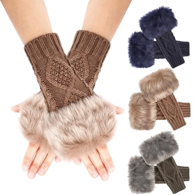 Cosensi - Vingerloze winterhandschoenen - Armwarmers - Warme gebreide wanten - Zacht imitatiebont - Gehaakte handschoenen - Perfect voor binnen en ...