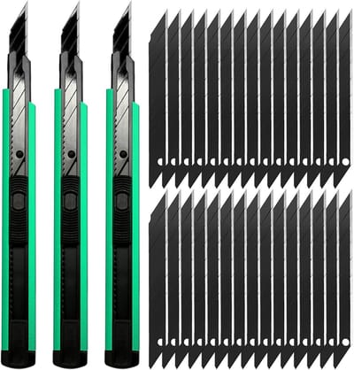 Professionele 3-delige 9mm Cutter met 30 stuks 30° afbreekbladen voor folie, papier en knutselen (Groen)