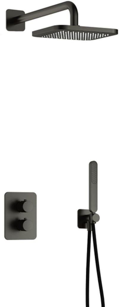Hotbath Gal IBS40A inbouw regendoucheset met staafhanddouche aan houder en 22cm vierkante hoofddouche aan 35cm wandarm geborsteld gunmetal PVD