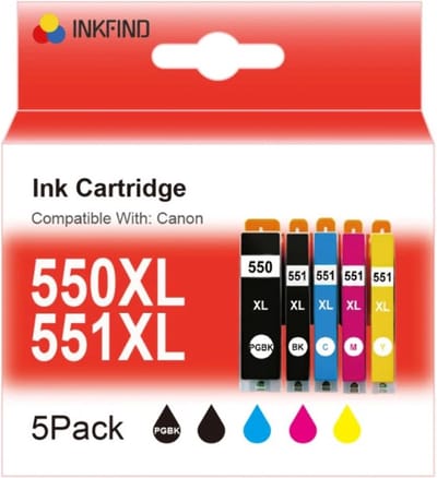 INKFIND PGI-550XL CLI-551XL inkt voor CanonPGI-550 CanonCLI-551 PGI550 CLI551 PGI-550XL CLI-551XL inktmultipack van 5 stuks voor Canon Pixma IP7250 IP8750 IX6850 MG5450 MG5550 MG5600 MG5650 MG5655 MG6350 MG6450 MG6600 MG6650 MG7150 MG7550 MX720 MX925