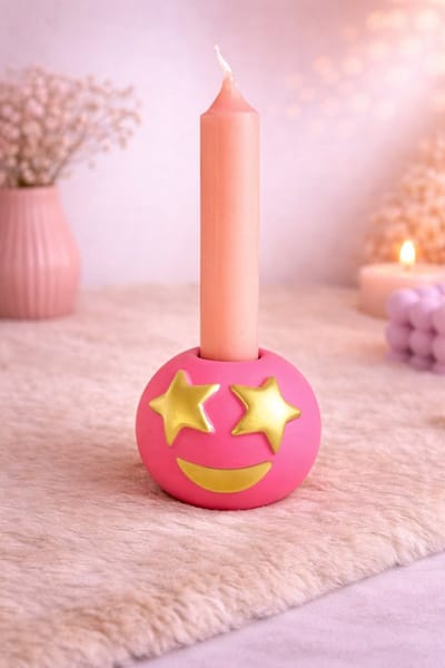 Kandelaar ‘Starstruck Smile’ – Roze & Goud Emoji Vibes | Viva Femme | Decoratie | Cadeau | Wonen