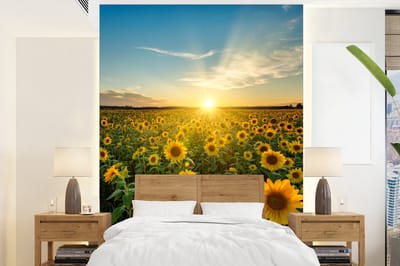 Behang - Fotobehang Zonsondergang - Bloemen - Zonnebloem - Horizon - Landschap - Breedte 175 cm x hoogte 240 cm