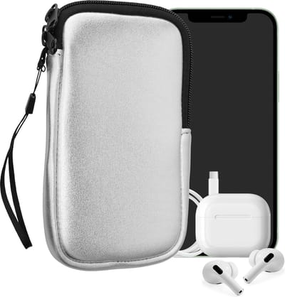 kwmobile telefoontasje universeel geschikt voor L - 6,5" smartphones - 16,5 x 8,9 cm - Hoesje met rits en polslusje -In metallic zilver -