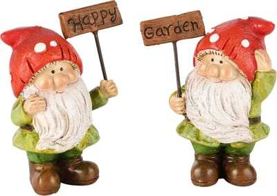 Dekoratief | Tuinkabouter 'Happy Garden', groen/rood, resina, 6x3x8cm, set van 2 stuks | A245148