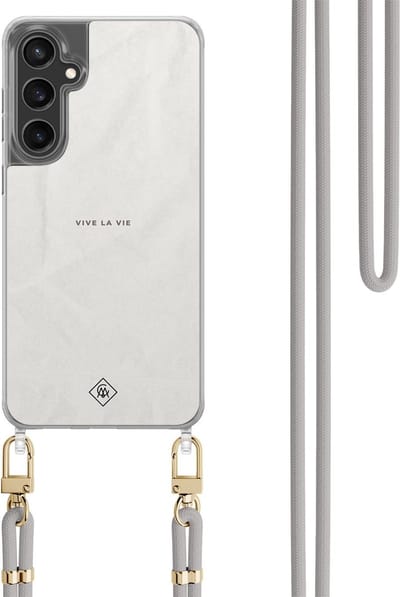 Casimoda® hoesje met koord - Geschikt voor Samsung S24 FE - Vive La Vie - Afneembaar koord - TPU/polycarbonaat - Grijs