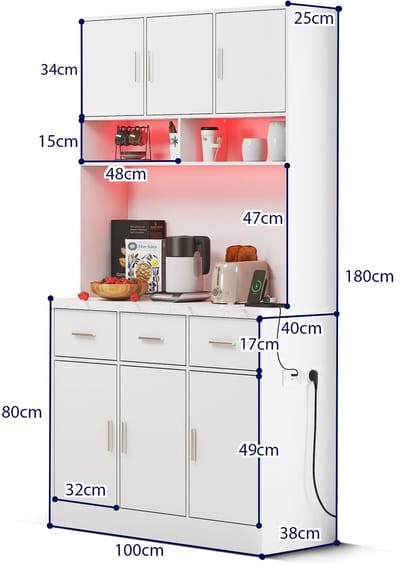 100x40x180 cm, multifunctioneel buffetkast met ledverlichting en app-bediening, lades, verstelbare planken, kabeldoorvoeropeningen en stopcontacten, ideaal voor keukens en eetkamers.