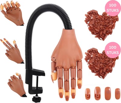 Oefenhand voor nagels - gratis 200 nepnagels (bruin) - Nailtrainer hand - Gellak oefenhand - Acryl oefenhand - Nepnagels - Gelnagels - Abs Manicure oefenhand - Flexible hand - Tafelklem-Nagelstudio - Nailart - Beginner oefenhand -Nagelstyliste