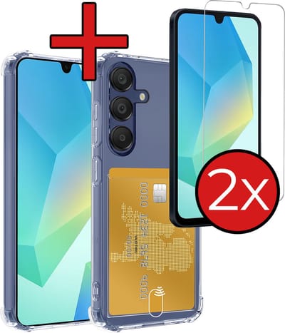Hoesje - Geschikt voor Samsung Galaxy A16 - Met 2x Screenprotector - Pashouder - Kaarthouder - Back Cover - Telefoon Hoes Shockproof - Siliconen Case - Shock Proof - Pasjes Houder - Telefoonhoes - Transparant