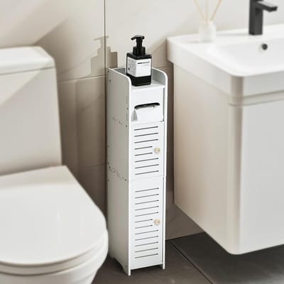 Vrijstaande Toiletpapierhouder met Opbergplank en Kristallen Deurknop, Waterdichte Organizer voor Badkamer en Toiletruimte, Ideaal voor Kleine Ruimtes, Wit