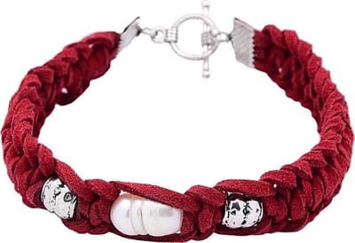 Zoetwater parel armband Pearl Red Suède - echte parel - wit - rood - zilver - suède - luxe sieraden zakje - parel armband dames - zoetwaterparel
