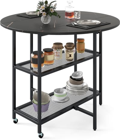 COSTWAY Eettafel inklapbaar, mobiele klaptafel voor 2-4 personen, keukentafel met 2 opbergvakken, eetkamertafel, marmerlook, ronde tafel voor eetkamer, woonkamer (zwart)