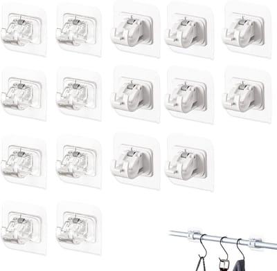 Zelfklevende gordijnroedehouders zonder boren – 16 stuks (8 wit + 8 transparant) – 6x6 cm – sterke kleefkracht – geschikt voor hout - tegels - geschilderde muren - woonkamer - slaapkamer - gordijnaccessoires