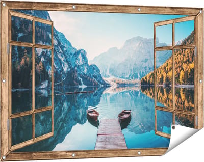 Gards Tuinposter Doorkijk Twee Bootjes op het Meer in de Bergen - 120x80 cm - Tuindoek - Tuindecoratie - Wanddecoratie buiten - Tuinschilderij