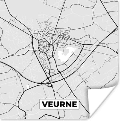 Poster Zwart Wit – België – Plattegrond – Stadskaart – Kaart – Veurne - 100x100 cm XXL