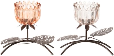 J-Line theelichthouder Bloem - ijzer/glas - lichtroze/oranje - small - set van 2