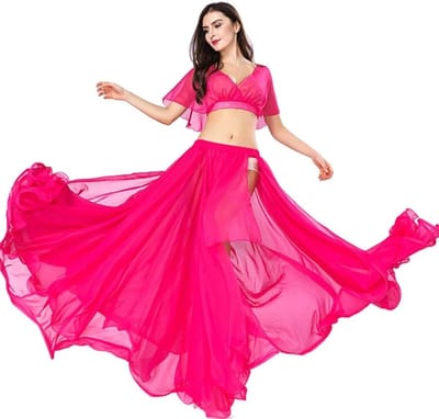 Bellydance kostuum set voor vrouwen met chiffon zwierige rok en top, sexy split jurk voor optredens, een maat