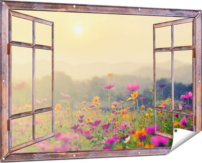 Gards Tuinposter Doorkijk Bloemenveld met Kosmos - Zonsondergang - 150x100 cm - Tuindoek - Tuindecoratie - Wanddecoratie buiten - Tuinschilderij