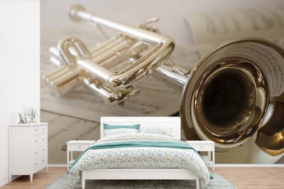 Behang - Fotobehang Trompet op bladmuziek - Breedte 420 cm x hoogte 280 cm
