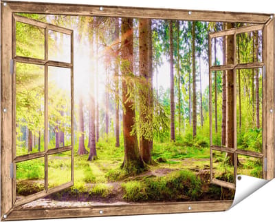 Gards Tuinposter Doorkijk Bos met Zon tussen de Bomen - 150x100 cm - Tuindoek - Tuindecoratie - Wanddecoratie buiten - Tuinschilderij