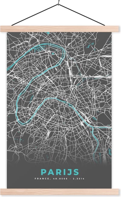 Posterhanger incl. Poster 40x60 cm - Schoolplaat - Parijs - Blauw - Kaart - Plattegrond - Stadskaart - Textielposter - Blanke latten - Stadskaart