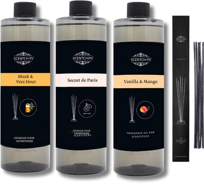 Navulling Musk & Vershout + Secret de Paris + Vanille & Mango + Geurstokjes - Geurstokjes Navulling Set van 3 + 5 Geurstokjes - Geurverspreider - Luchtverfrisser - Huisparfum - 400ml x 3