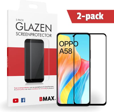 2-pack BMAX Screenprotector geschikt voor OPPO A58 - Full Cover gehard glas - OPPO screenprotectors - Telefoonaccessoires - Telefonie & Accessoires - Beschermglas - Glas screenprotectors - Zwart