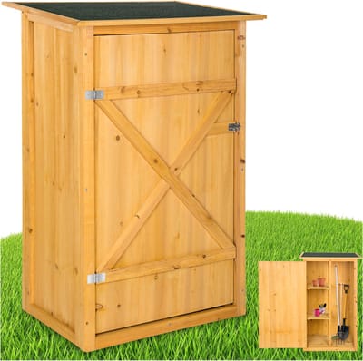 tectake® Houten tuinkast - Buitenkast met bitumen dak - 75 x 56 x 118 cm - Gereedschapskast met 2 planken en schuifslot - Terraskast, balkonkast, gereedschapshok, tuinmeubel