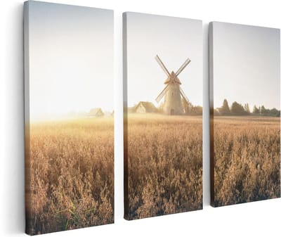 Artaza Canvas Schilderij Drieluik Windmolen in het Veld - 120x80 - Foto Op Canvas - Canvas Print