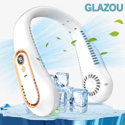 Glazou ® | Deluxe| NekVentilator |5 standen | Neck fan - Mini ventilator - Gezichtsventilator |Handventilator| Hals ventilator | Draagbare Gezicht ventilator |Verkoeling • Nek Verkoeling |Batterij 18 uur Power |Opvouwbaar| Draadloos & Oplaadbaar |Wit