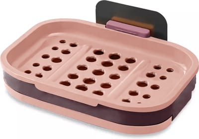 Intirilife zeepbakje 13 x 9 x 2 cm in roze - zeephouder voor aan de muur, met waterreservoir, om te lijmen, zonder boren