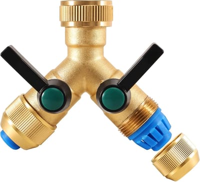 2-Weg Waterverdeler 3/4 Inch Messing Y-Stuk met Afsluitkranen, Wateraansluitingen voor Wasmachine, Vaatwasser en Tuinslang - Ideaal voor Efficiënt Watergebruik en Tuinonderhoud