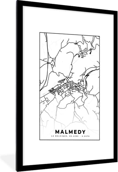 Fotolijst incl. Poster Zwart Wit- Plattegrond – Malmedy – Zwart Wit – Stadskaart - Kaart - België - 60x90 cm - Posterlijst