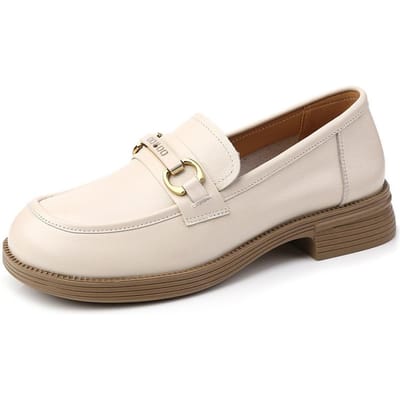 Rondneus Mocassins van Echt Leer, Dikhakkige Dames Schoenen voor Lente en Herfst, Veelzijdige Grote Maat Leren Schoenen, Casual Britse Stijl Dames Schoenen 43 beige