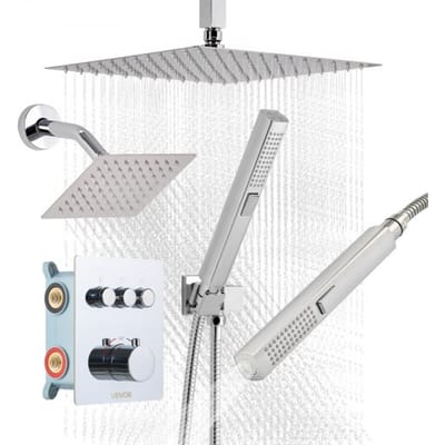 VEVOR Douchesysteemset met 12 inch regendouchesysteem / 6 inch wandmontagekop / 2-in-1 handdouche, draaibare dubbele regenkop (3 functies), messing klep en afwerkset, chromen thermostaat
