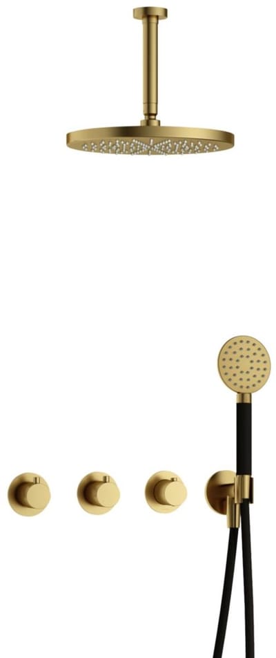 Hotbath Cobber IBS70 inbouw regendoucheset met ronde handdouche aan houder en 30cm ronde hoofddouche aan 15cm plafondarm geborsteld messing PVD