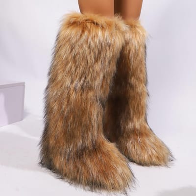 Dames Knielange Fuzzy Faux Fur Laarzen - Zacht, Warm en Comfortabel Instapmodel met Platte Hak Dames Pluche Warme Plateauschoenen 39 beige