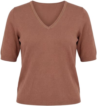 Ulla Popken - Dames - Trui elastische zoom V-hals korte mouw glitter - Bruin - Maat 42+